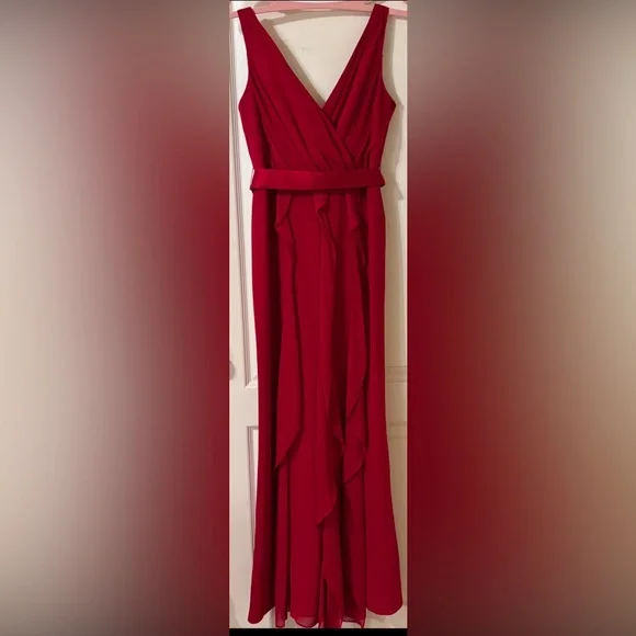 WHITE BY VERA WANG Womens Dress Chiffon Gown Size 8 Red Ruffles Wrap Bust Belted - Picture 3 of 13